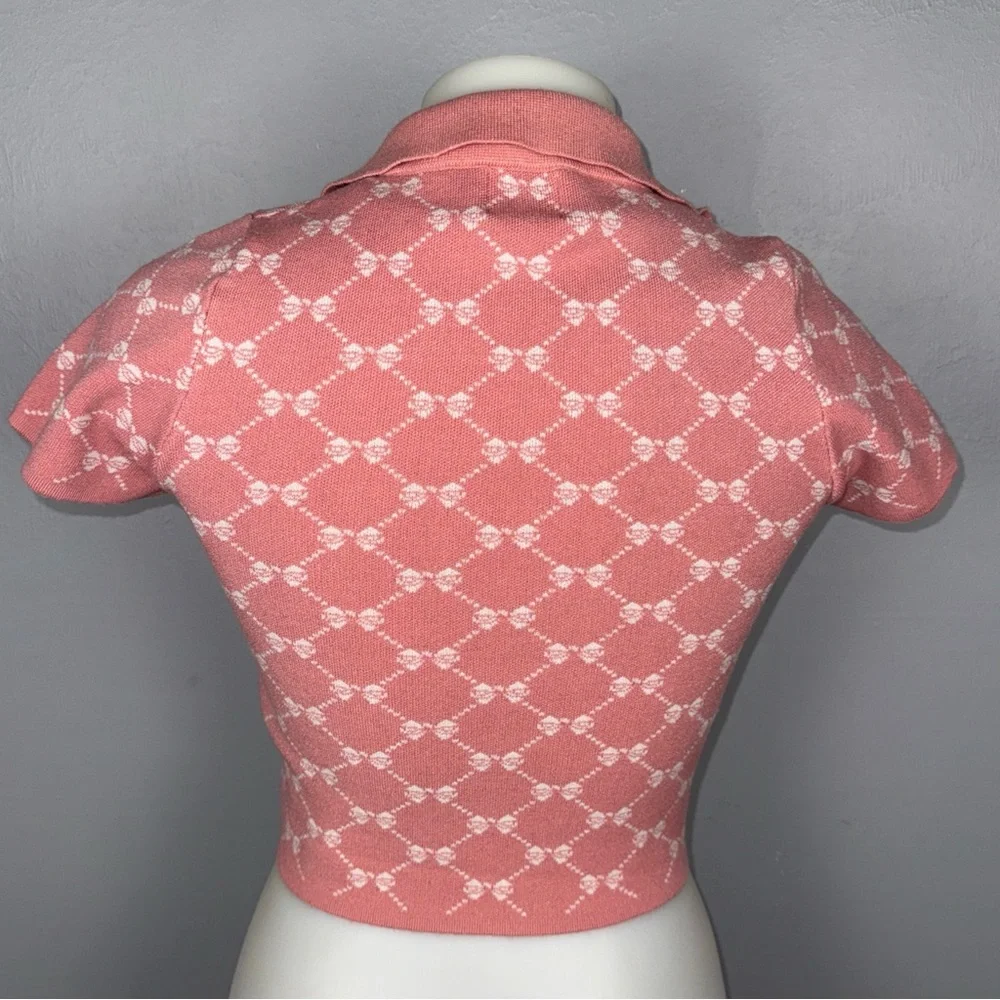 Luna Ivy Top Women’s S Pink And White Bows Cropped Polo Shirt knit‎